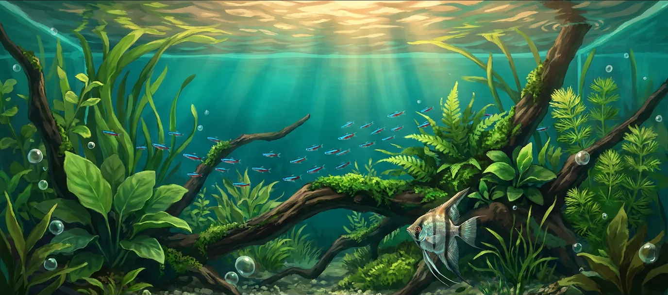 Underwater view of a sunlit planted freshwater aquarium: a school of neon tetras and an angelfish drifting among driftwood and green plants in clear teal water